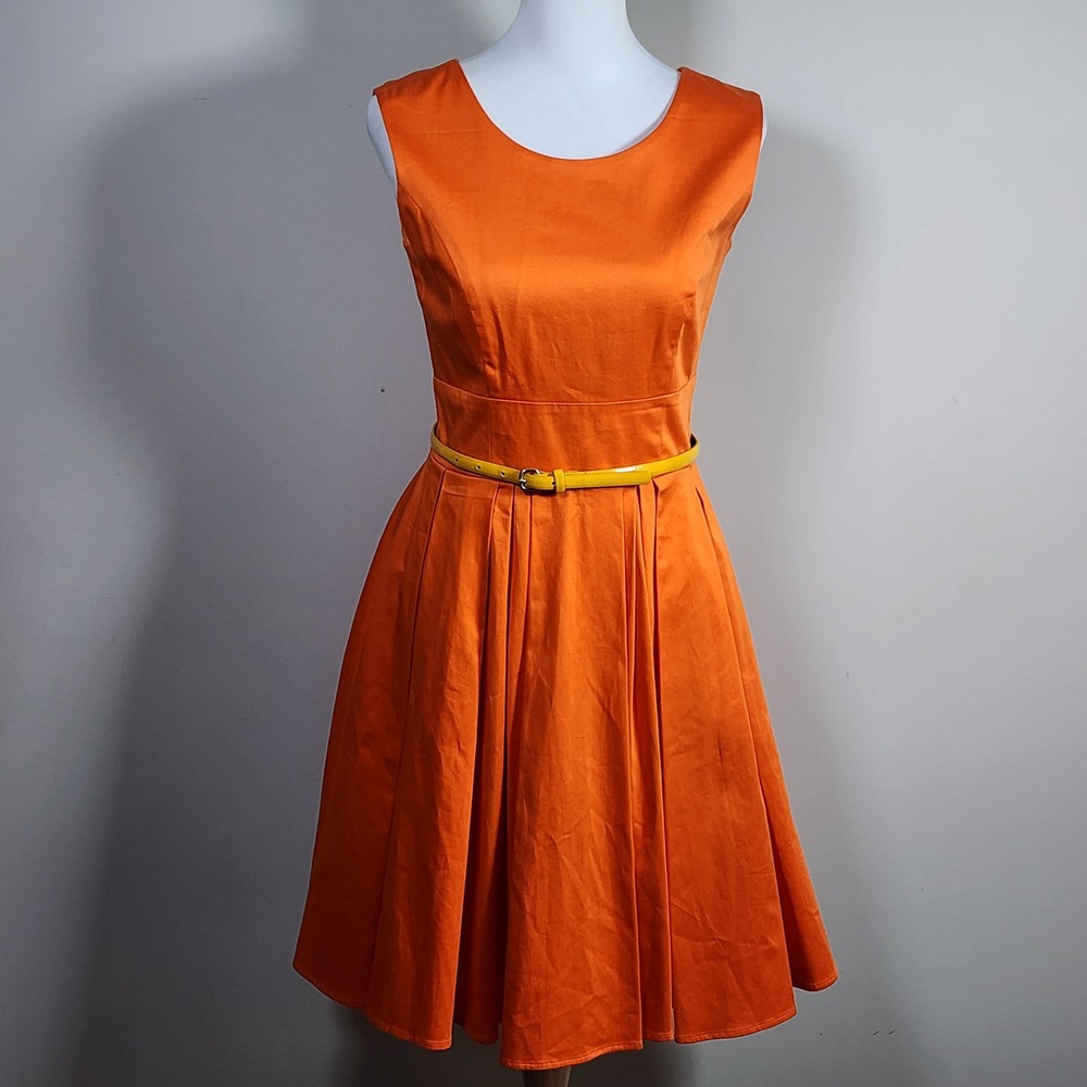 Calvin Klein Fit Flare Dress Size 2 Orange Pleated Retro Dopamine Bright Wedding